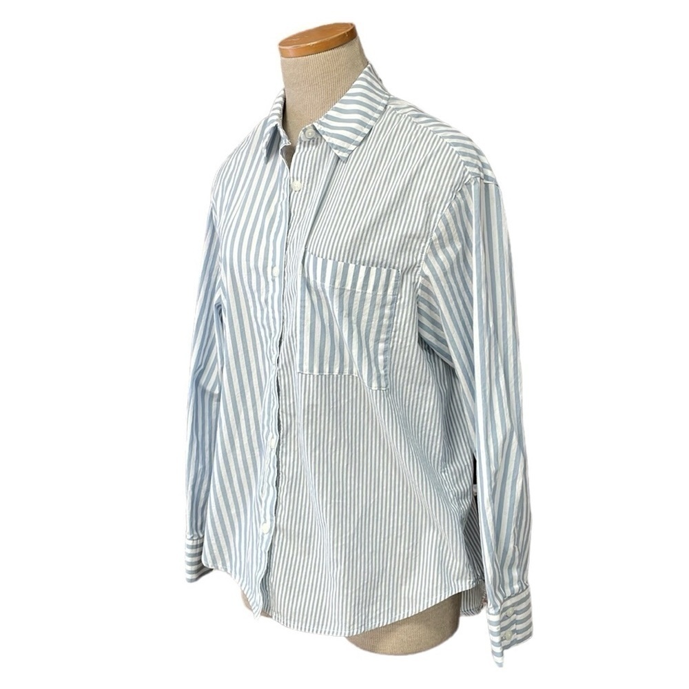 For The Republic Button Down Shirt Women's S Small Blue White Stripe Collar Top